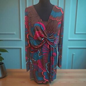 Bisou Bisou Brown and Teal Multicolor Floral Long Sleeve Dress Tunic Size XL